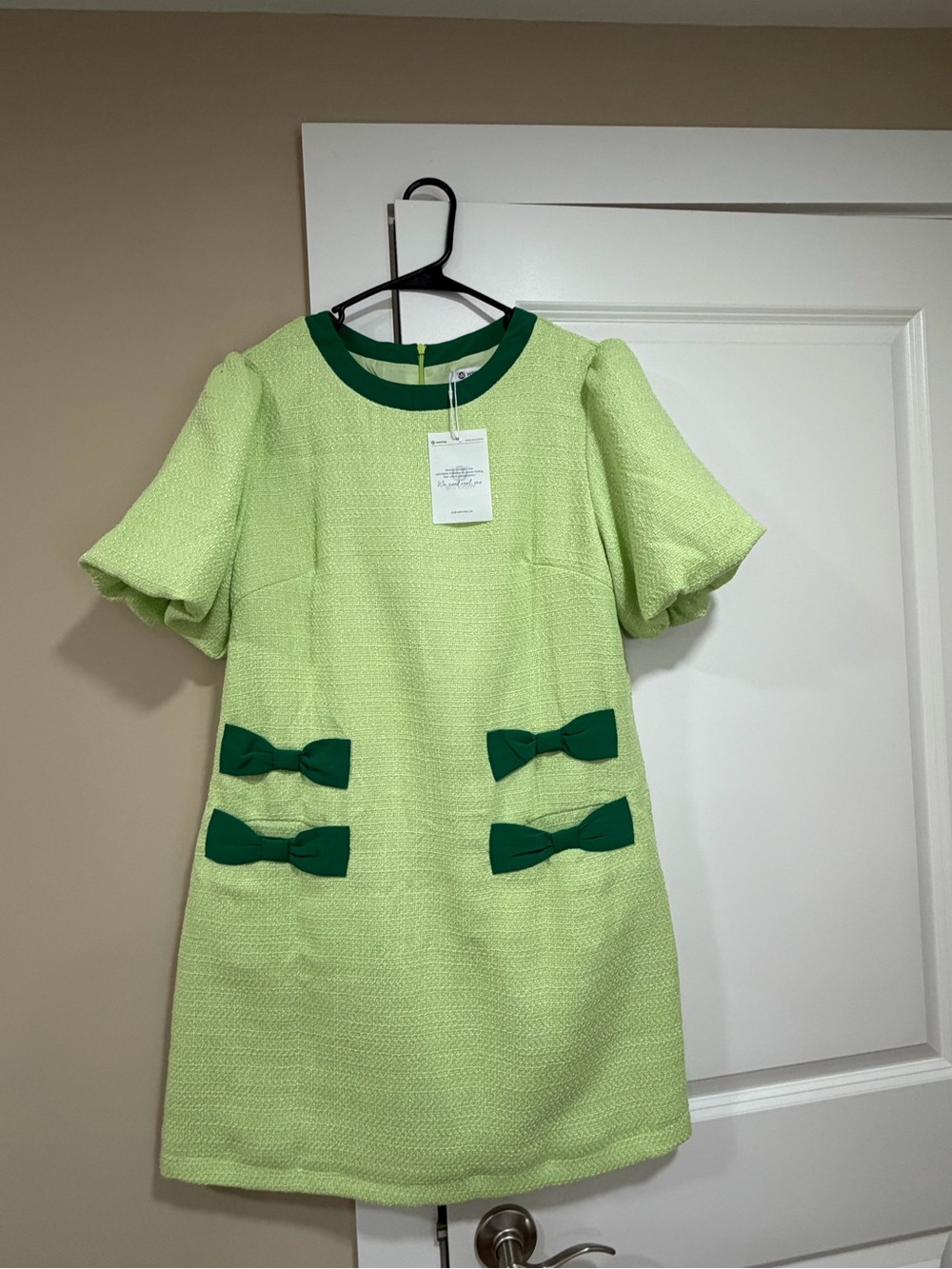 Women’s Lime Green Puff Sleeve Dress with Dark Green Trim and Bows